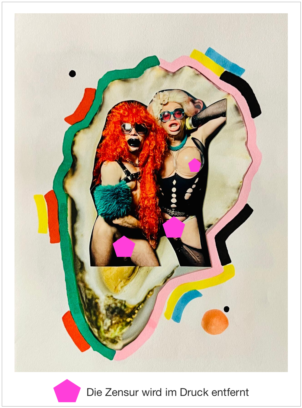 Zwei Drags in ausgelassener Pose - Bunte Collage mit Austernschale - Gay Art - Canvas Wandbild - Tim Lienhard
