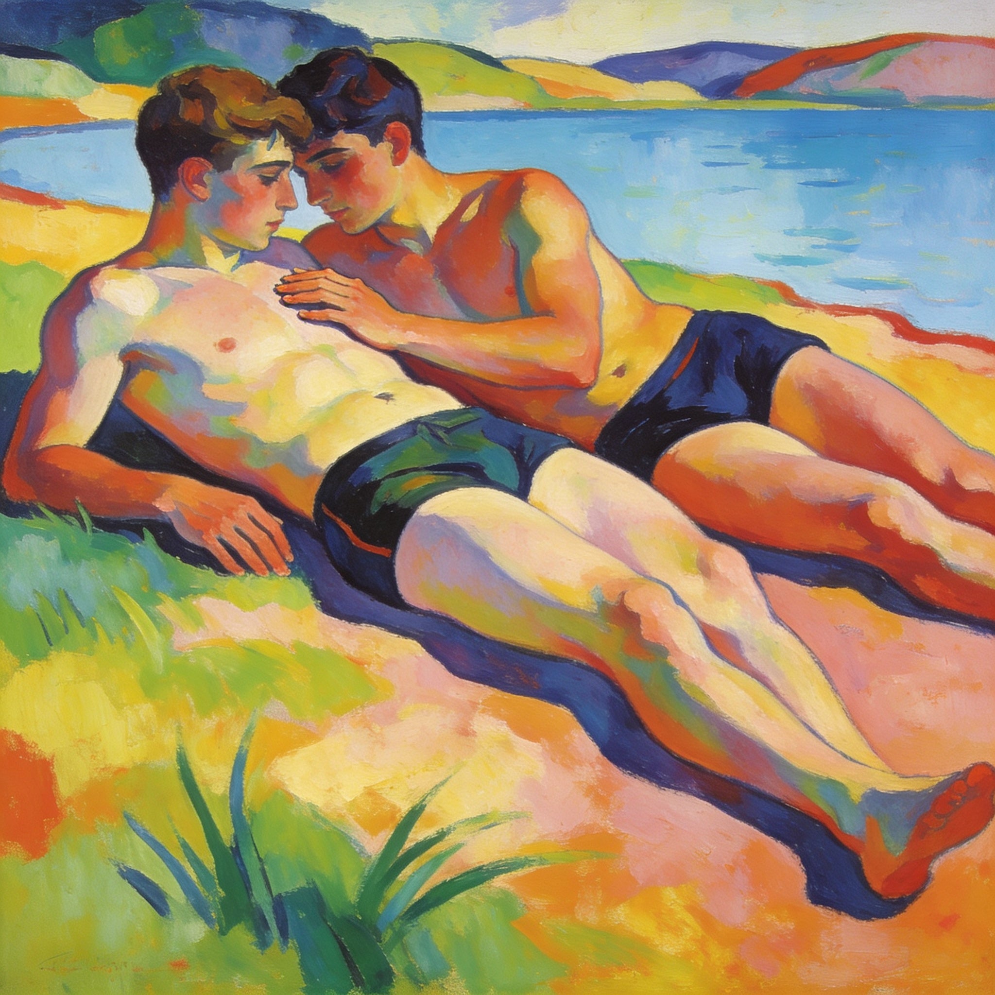 Zwei Jungs liegen am Seeufer, zärtliche Berührung – Erotische Gay Art im Macke-Stil
