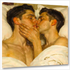 Gay Erotic Art Wandbild: Zwei nackte Männer küssen sich im Bett, schwule Lust und Zärtlichkeit unter weißen Laken.
