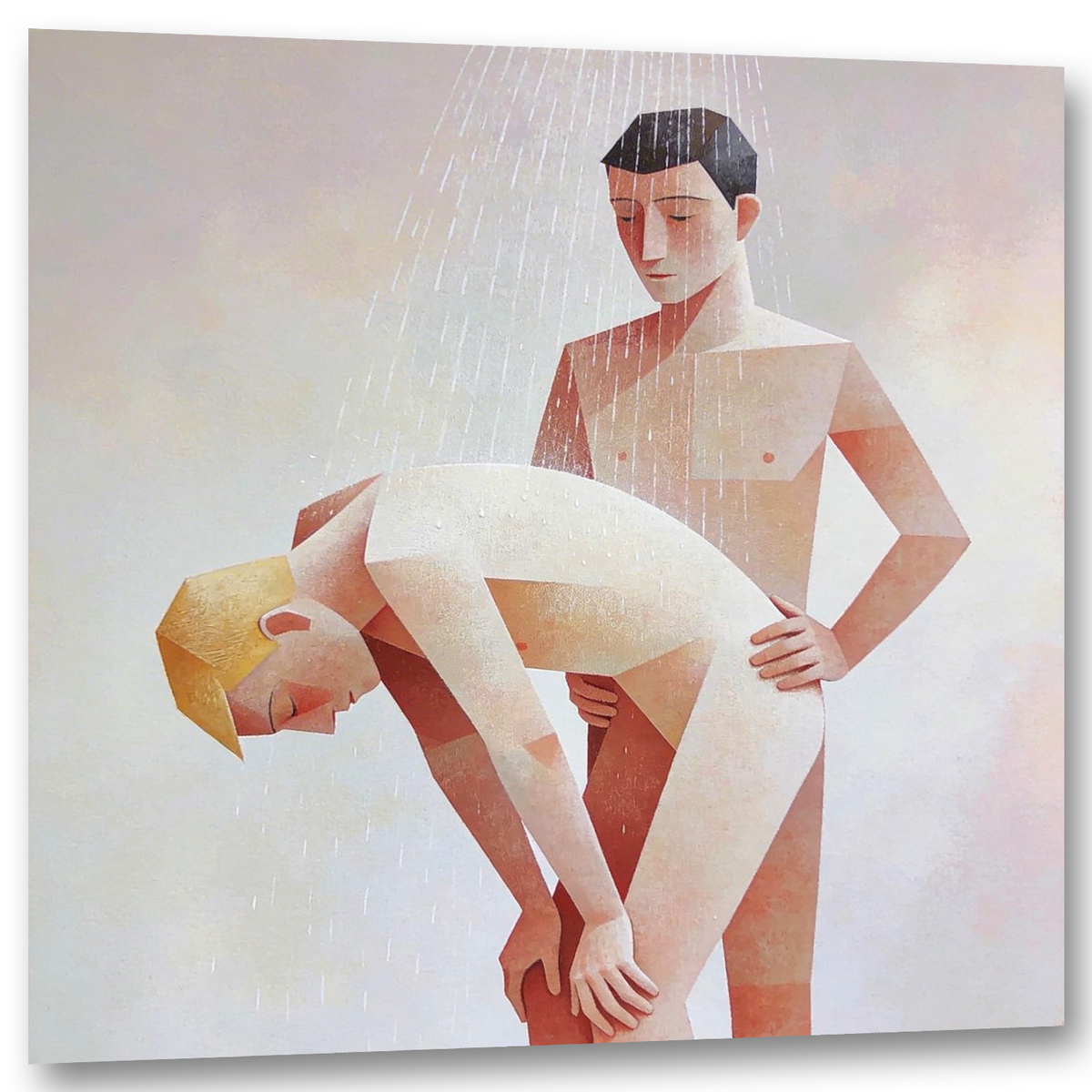 Produktansicht des Klee-inspirierten Wandbilds: Arschfick in zarten Pastelltönen, mit flächig konstruierten Männerkörpern unter feinen Wasserstrahlen. Schwuler Sex in einer leichten, geometrischen Bildsprache.
