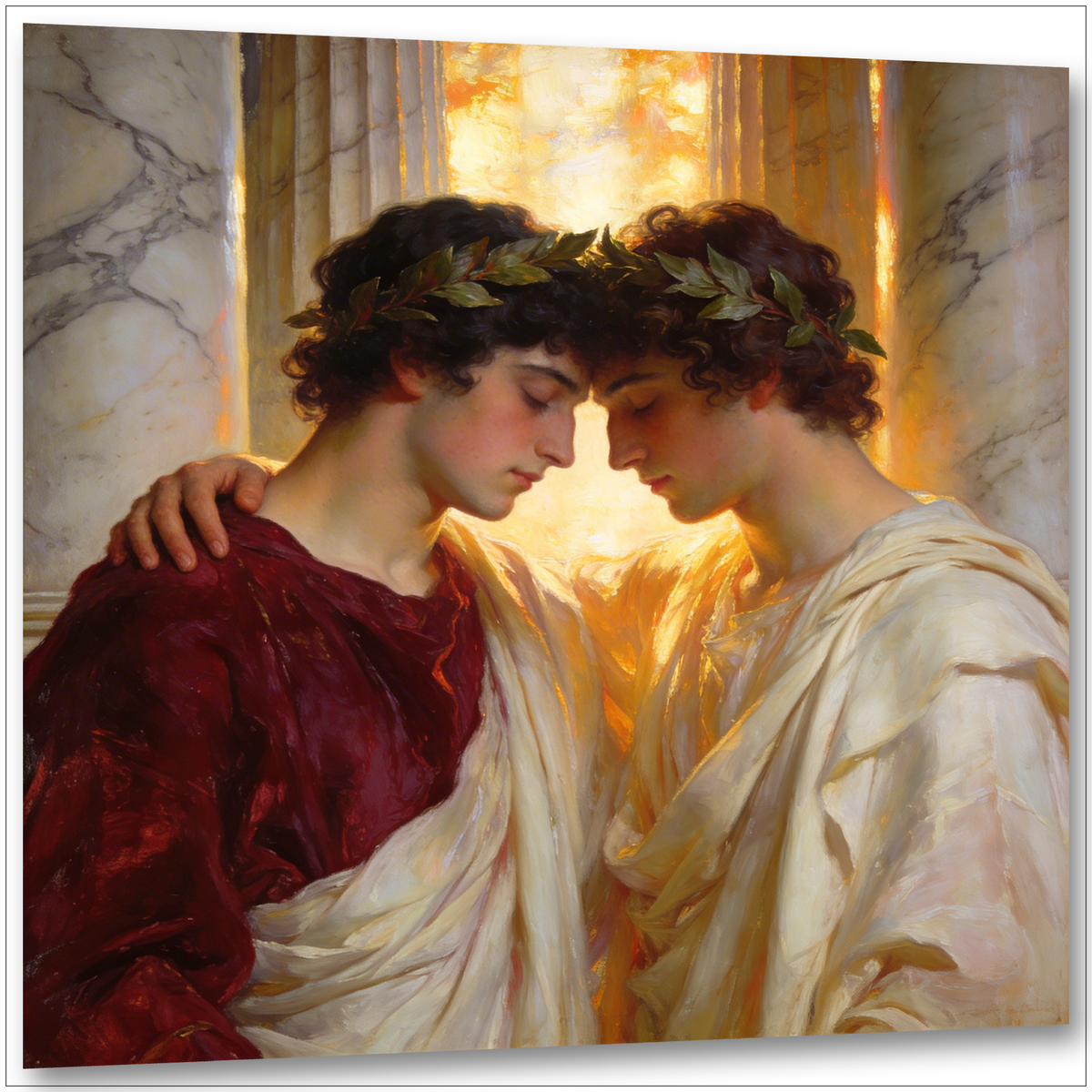 Gay Art Wandbild im Simeon-Solomon-Stil: Zwei Männer mit Lorbeerkränzen und antiken Gewändern berühren einander zärtlich und liebevoll

