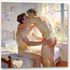 Gay Erotic Art Wandbild: Zwei nackte schwule Männer küssen sich morgens am Bett, einer hält den anderen mit beiden Händen am Arsch.
