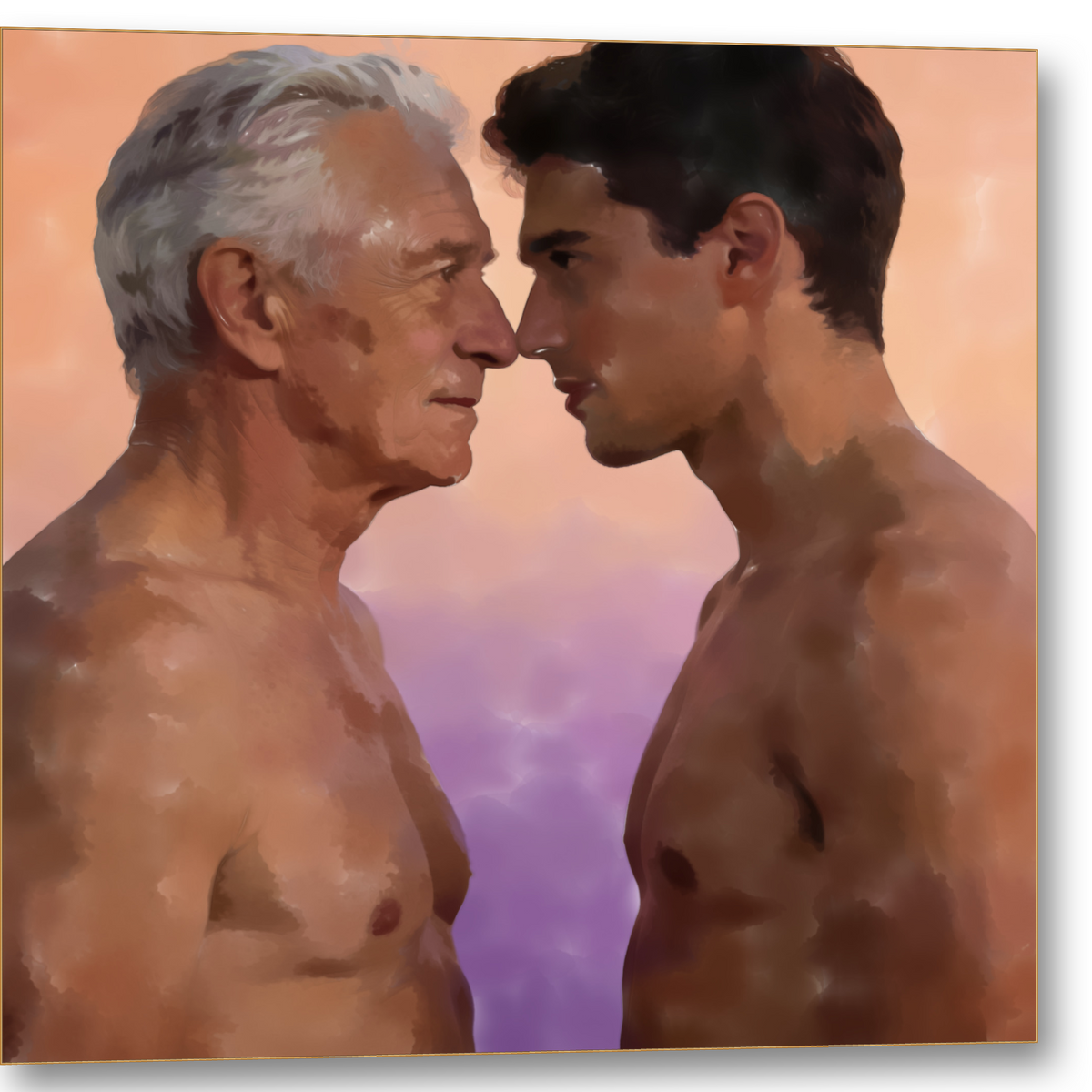Gay-Art-Wandbild über schwule Liebe mit Altersunterschied: Zwei Männer sind ganz aufeinander konzentriert. Das zärtliche Doppelporträt zeigt ihre Gesichter im Profil und die freien Oberkörper. Schräge Produktansicht mit sichtbarer Bildkante.