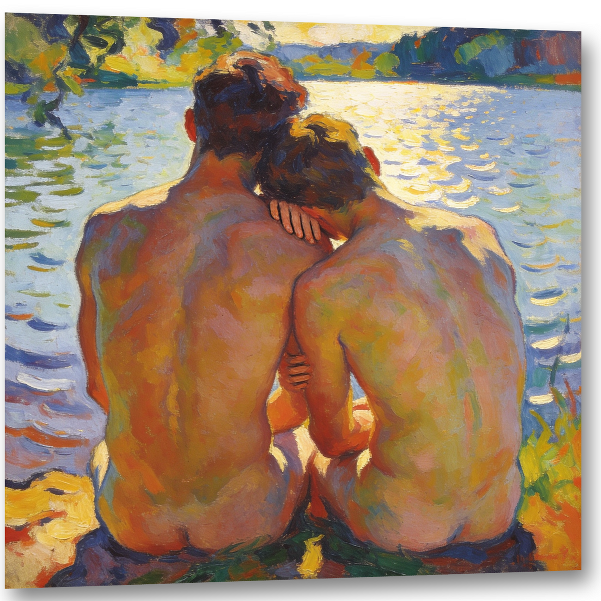 Quadratisches Leinwandbild mit einem schwulen Paar am See, vom Stil August Mackes inspiriert. Die Männer sind von hinten zu sehen, eng aneinandergeschmiegt vor einer goldenen Lichtbahn auf blauem Wasser.