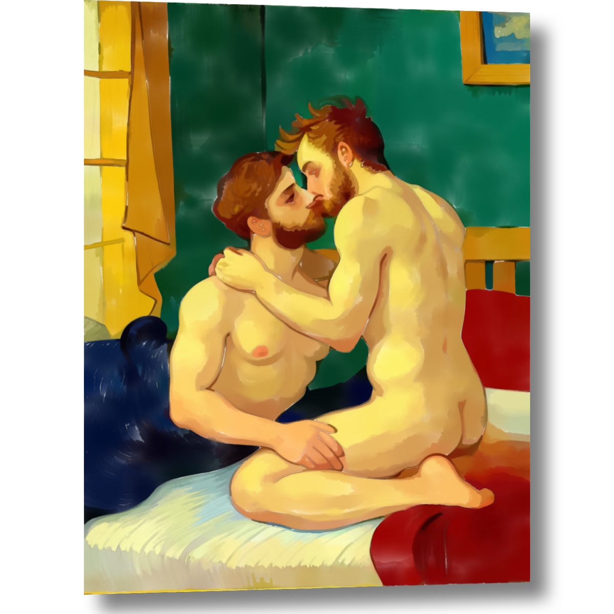 Gay Art Wandbild in Schrägansicht mit Schatten: Zwei nackte, bärtige Männer küssen sich auf einem Bett. Einer kniet und umarmt den anderen, dessen Hand auf seinem Schenkel liegt. Leuchtendes Gelb, Grün und Rot bestimmen die Szene.