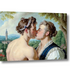 Gay Art Wandbild im Querformat, schräg mit Schatten dargestellt: Zwei Männer beim Kuss, gemalt wie in der Renaissance, vor grüner Landschaft. Helle Haut, feine Locken und ein weißer Rüschenkragen prägen das schwule Paar.