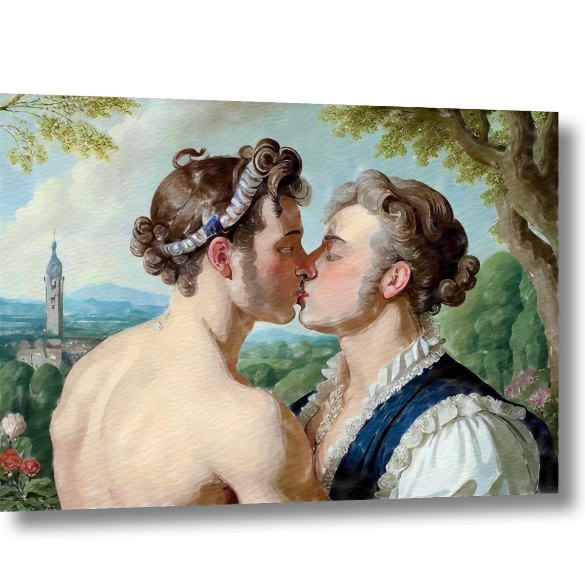 Gay Art Wandbild im Querformat, schräg mit Schatten dargestellt: Zwei Männer beim Kuss, gemalt wie in der Renaissance, vor grüner Landschaft. Helle Haut, feine Locken und ein weißer Rüschenkragen prägen das schwule Paar.