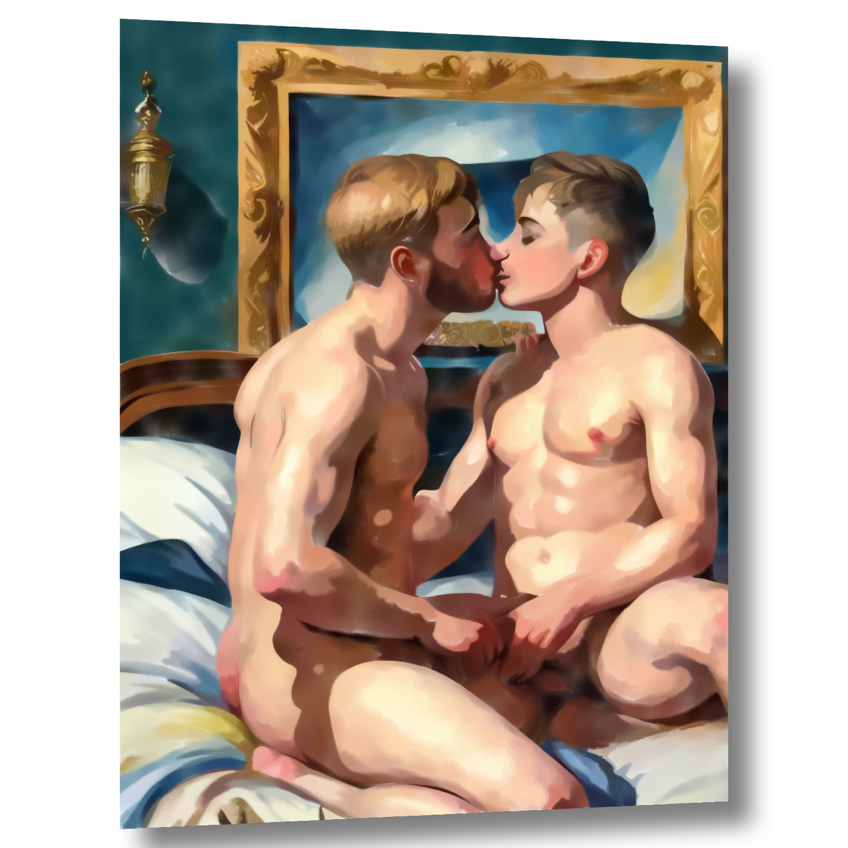Schwules Wandbild auf Leinwand: sich küssendes Männerpaar im Bett mit intimen Berührungen. Sinnliche Aktmalerei in warmen Hauttönen und tiefem Blau, mit einem goldgerahmten Bild im Hintergrund.