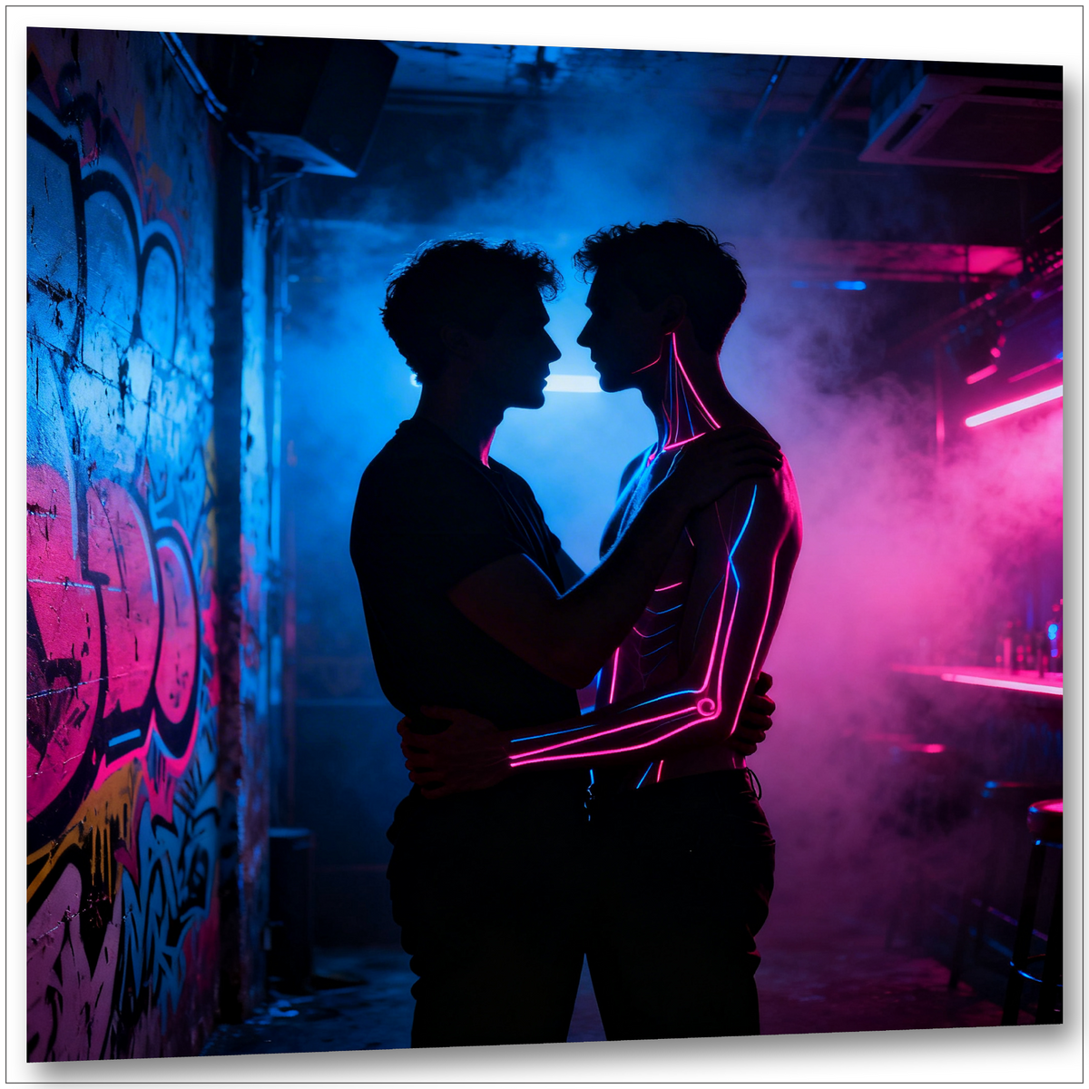 Gay Erotic Art Wandbild: Ein Männerkörper leuchtet in Neonfarben, schwule Lust und männliche Sinnlichkeit in einer surrealen Bildwelt.
