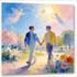 Gay Art Wandbild im verträumten Chagall-Stil: Zwei verliebte junge Männer Hand in Hand in einem blühenden Garten voller Schmetterlinge und schwebender Feen.
