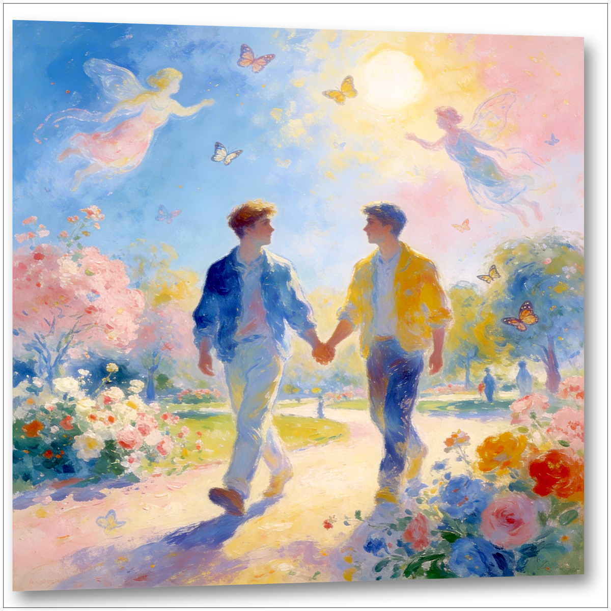 Gay Art Wandbild im verträumten Chagall-Stil: Zwei verliebte junge Männer Hand in Hand in einem blühenden Garten voller Schmetterlinge und schwebender Feen.
