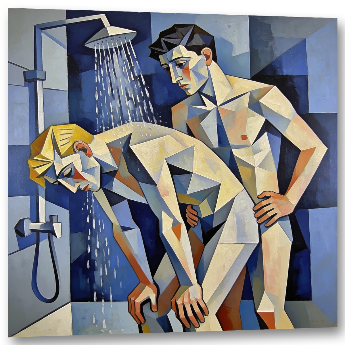 Produktansicht des kubistischen Gay-Art-Wandbilds: Arschfick unter fließendem Wasser, übersetzt in geometrische Körperflächen. Schwuler Sex trifft auf die kantige Formensprache Pablo Picassos.