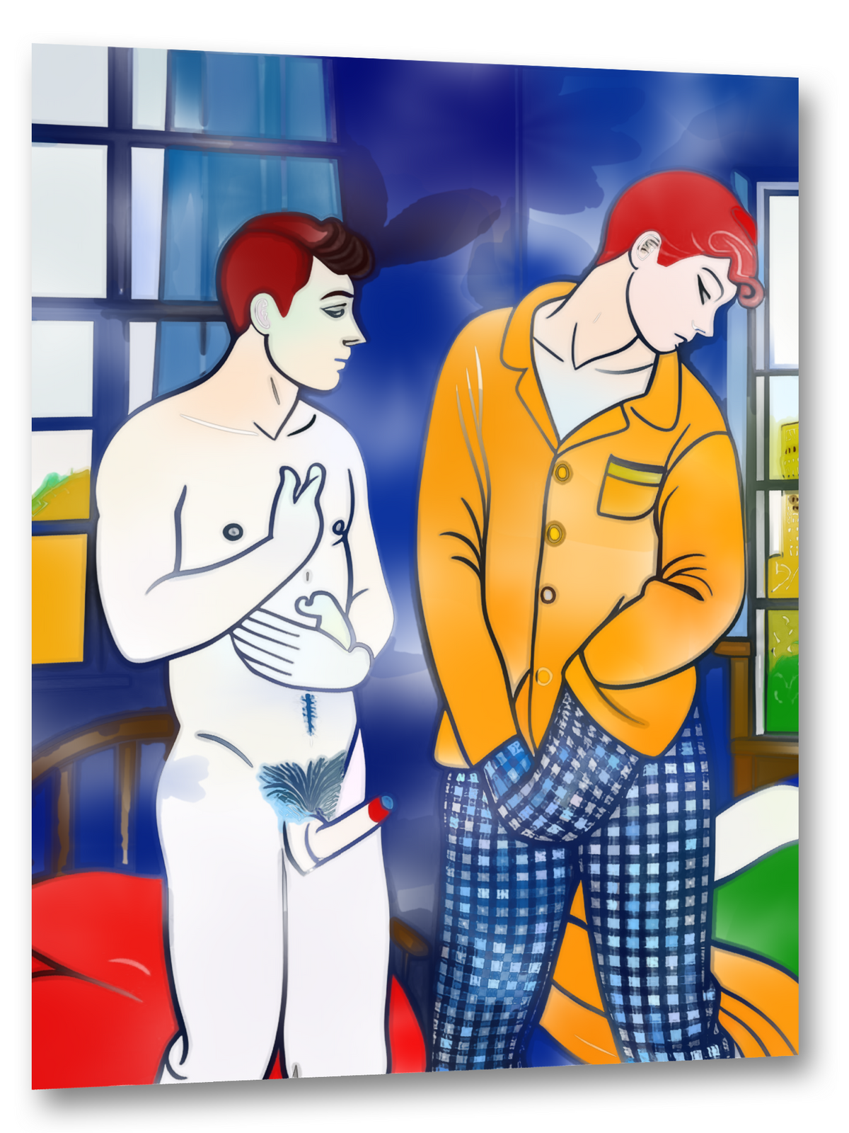 Schwules Wandbild mit humorvoller Morgenszene: ein nackter Mann und sein Partner mit Händen in den Pyjamataschen, als farbenfrohe Mischung aus Aquarell und Comic.

