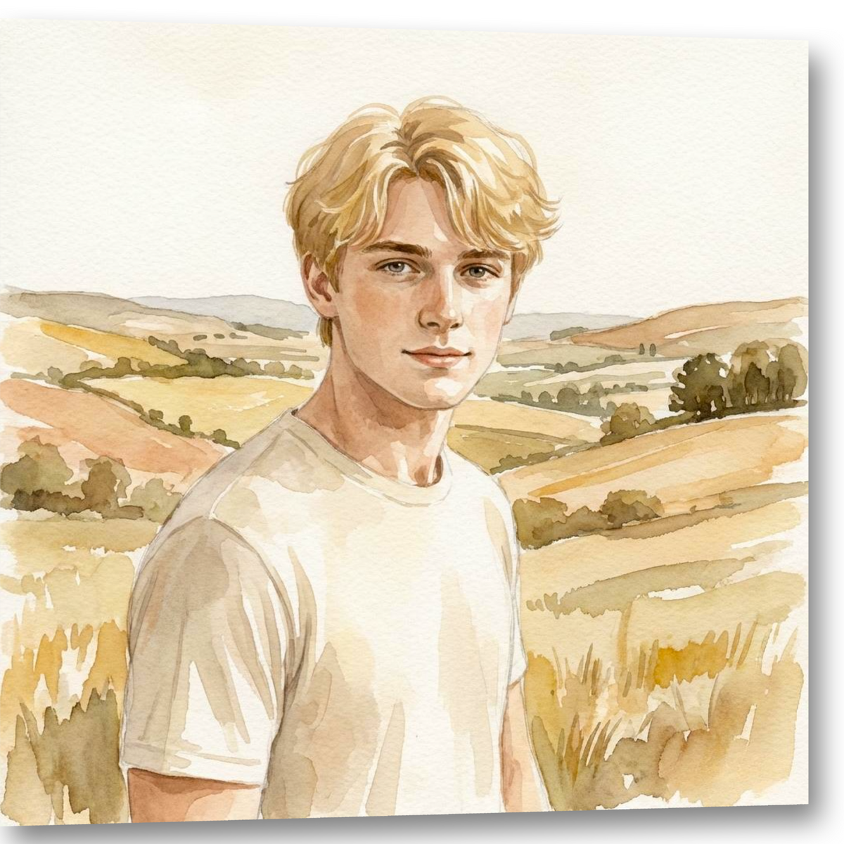 Gay Art Wandbild mit einem blonden erwachsenen Twink im weißen T-Shirt. Ein freches Lächeln belebt das sanfte Männerporträt vor sommerlichen Hügeln. Helle, durchscheinende Aquarellfarben verbinden männliche Schönheit und Landschaft.