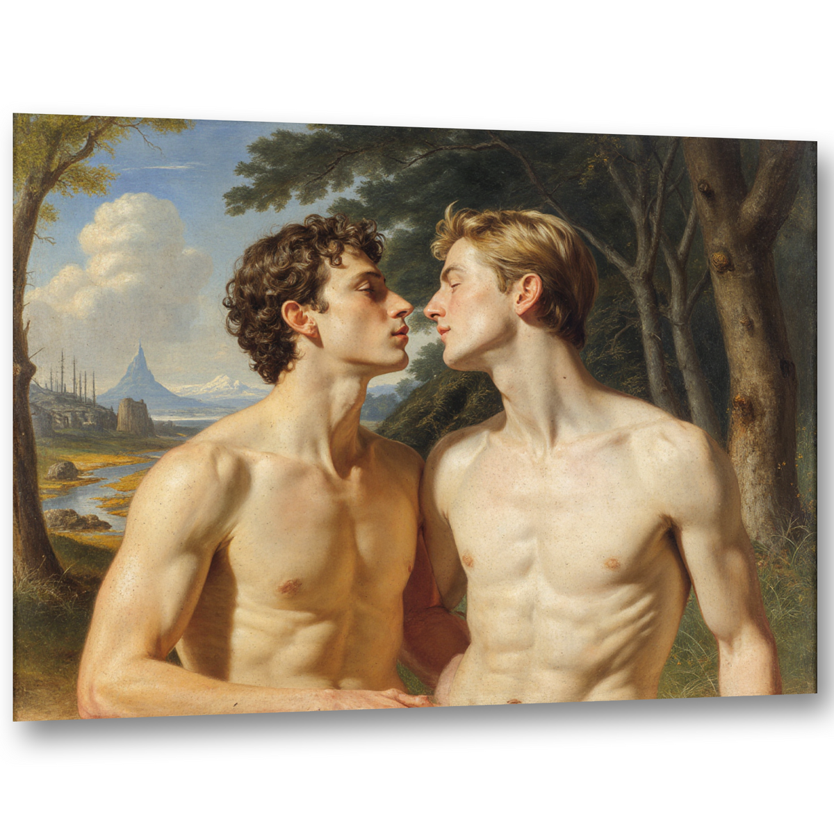 Wandbild eines schwulen Liebespaares kurz vor dem Kuss. Warmes Licht modelliert die nackten Oberkörper vor dunklen Bäumen. Links führen Wasser und Ruinen den Blick zu einem spitzen Berg.