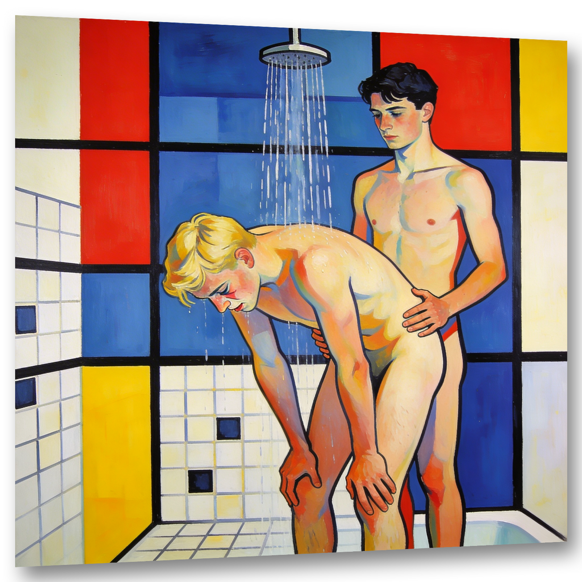 Schräge Produktansicht des erotischen Wandbilds: Arschfick trifft auf Mondrian-inspirierte Geometrie. Die geschwungenen Männerkörper stehen im Kontrast zum farbigen Raster der Duschszene.