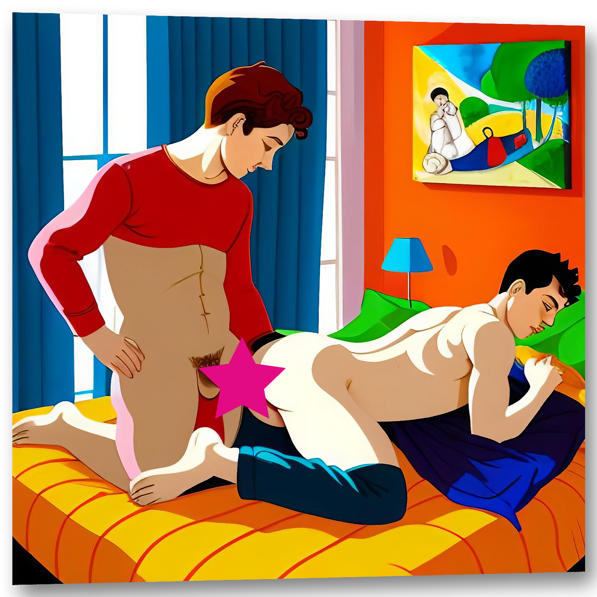 Produktansicht des Gay-Art-Wandbilds mit einer flächigen Zeichnung von zwei Männern beim Arschfick. Rotes Shirt, orangefarbene Bettdecke und blaue Vorhänge prägen die Szene. Die Vorschau zeigt einen Zensur-Stern, der im Druck entfällt.