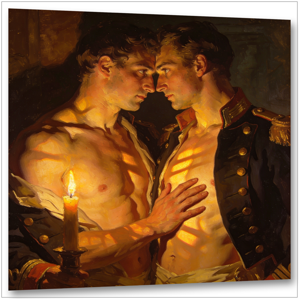 Gay Erotic Art Wandbild: Zwei preußische Offiziere öffnen ihre Uniformen und berühren einander voller schwuler Lust im Kerzenlicht.
