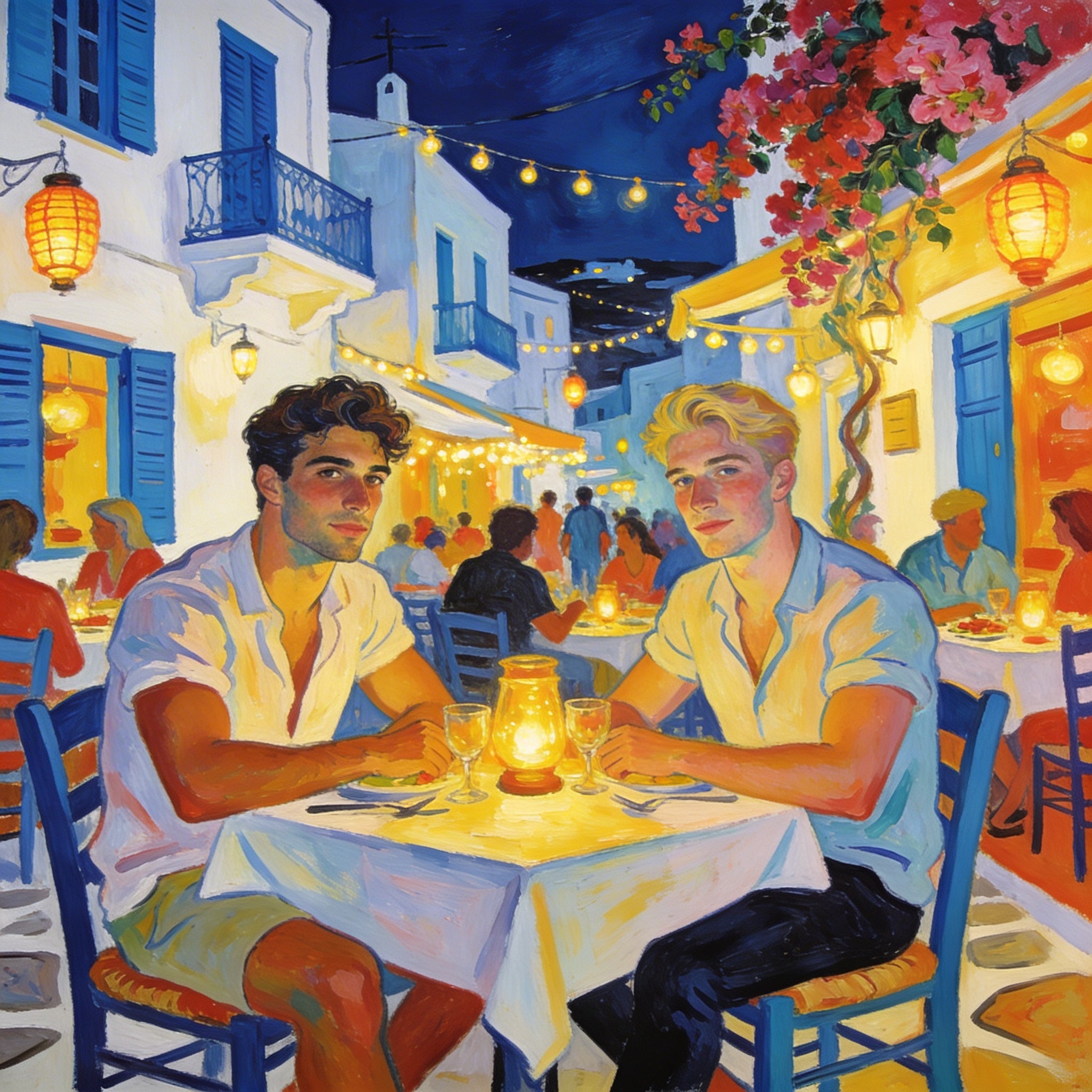 Zwei junge Männer beim romantischen Dinner in Mykonos bei Nacht im Hockney-Stil – Gay Love Wandbild mit Lichterketten und warmer Atmosphäre
