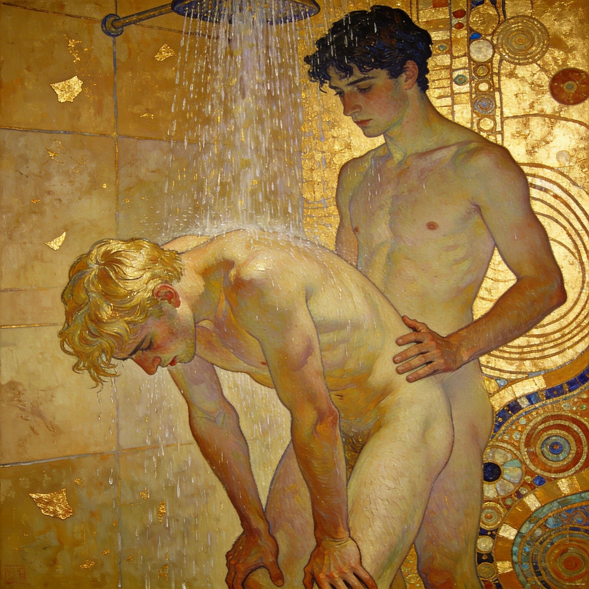 Zwei nackte Männer unter der Dusche im Klimt-Stil – Intimität unter goldenem Wasser