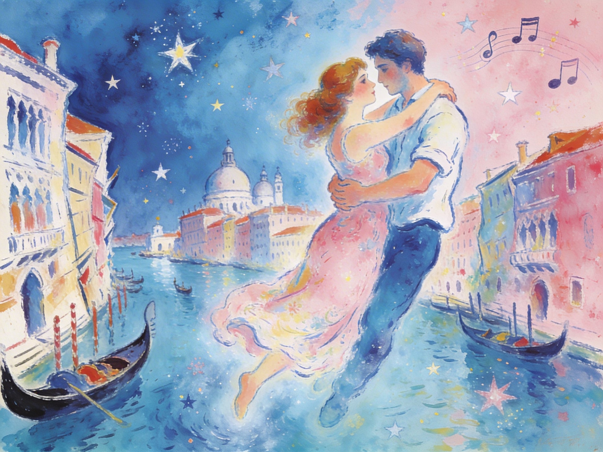 Paar tanzt über Canal Grande Venedig – Wandbild im Chagall-Stil
