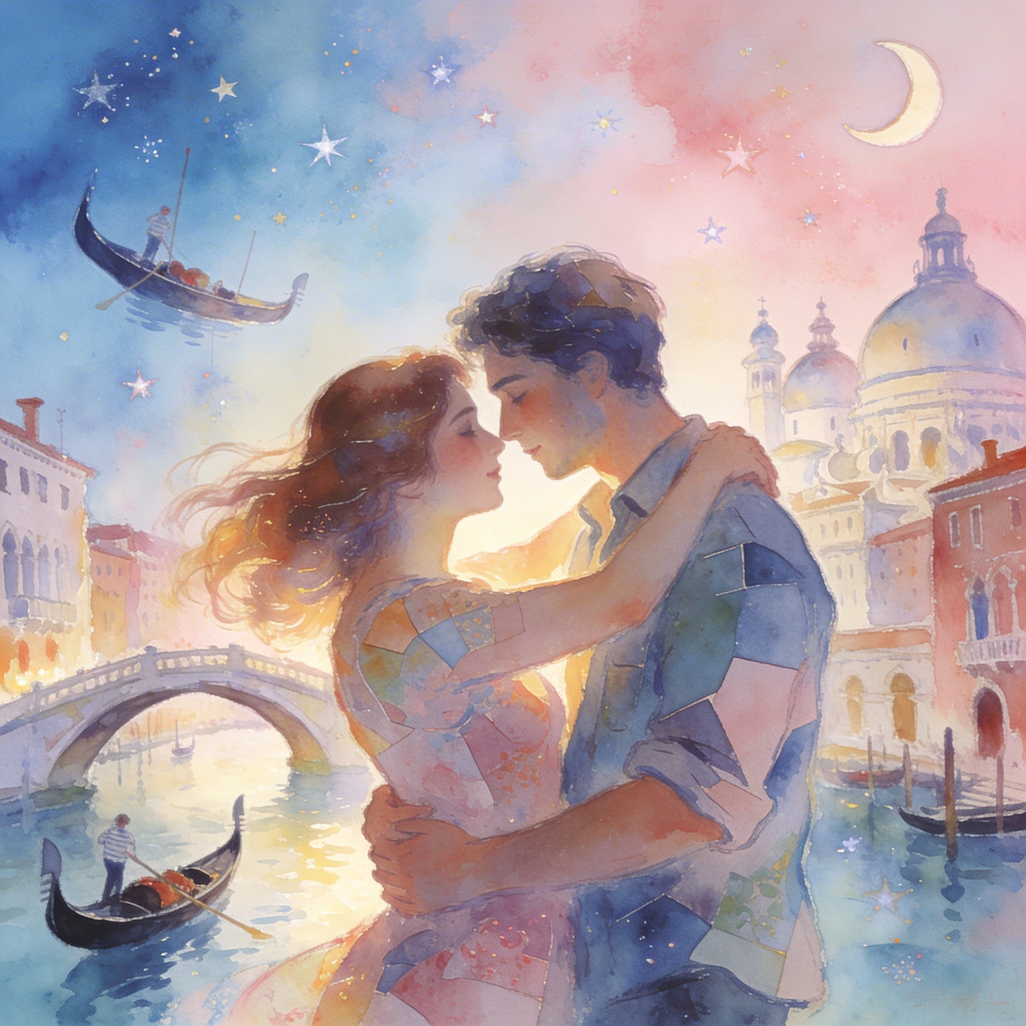 Verliebtes Paar umarmt sich am Kanal in Venedig unter Sternen und Mond – Wandbild im Chagall-Stil mit fliegender Gondel und Santa Maria della Salute