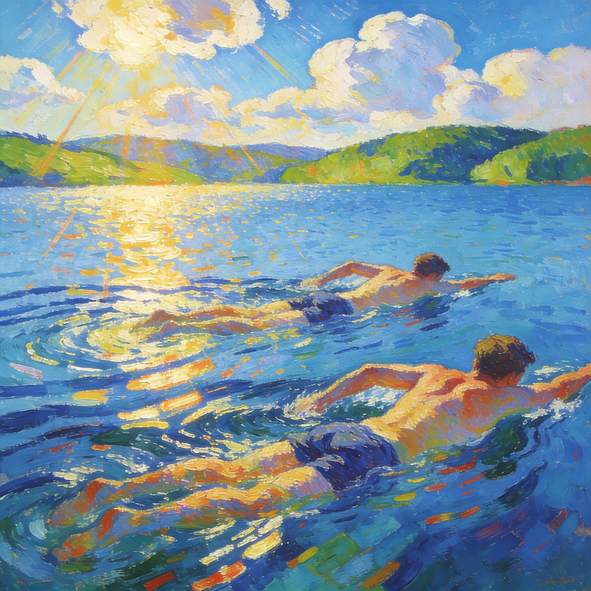 Zwei Männer schwimmen im See, Sonnenlicht glitzert, August Macke Stil, expressionistische Farben