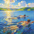 Zwei Männer schwimmen im See, Sonnenlicht glitzert, August Macke Stil, expressionistische Farben