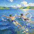 Zwei junge Männer schwimmen im blauen See, August Macke Stil, Expressionismus, leuchtende Farben, Sommer, Wandbild