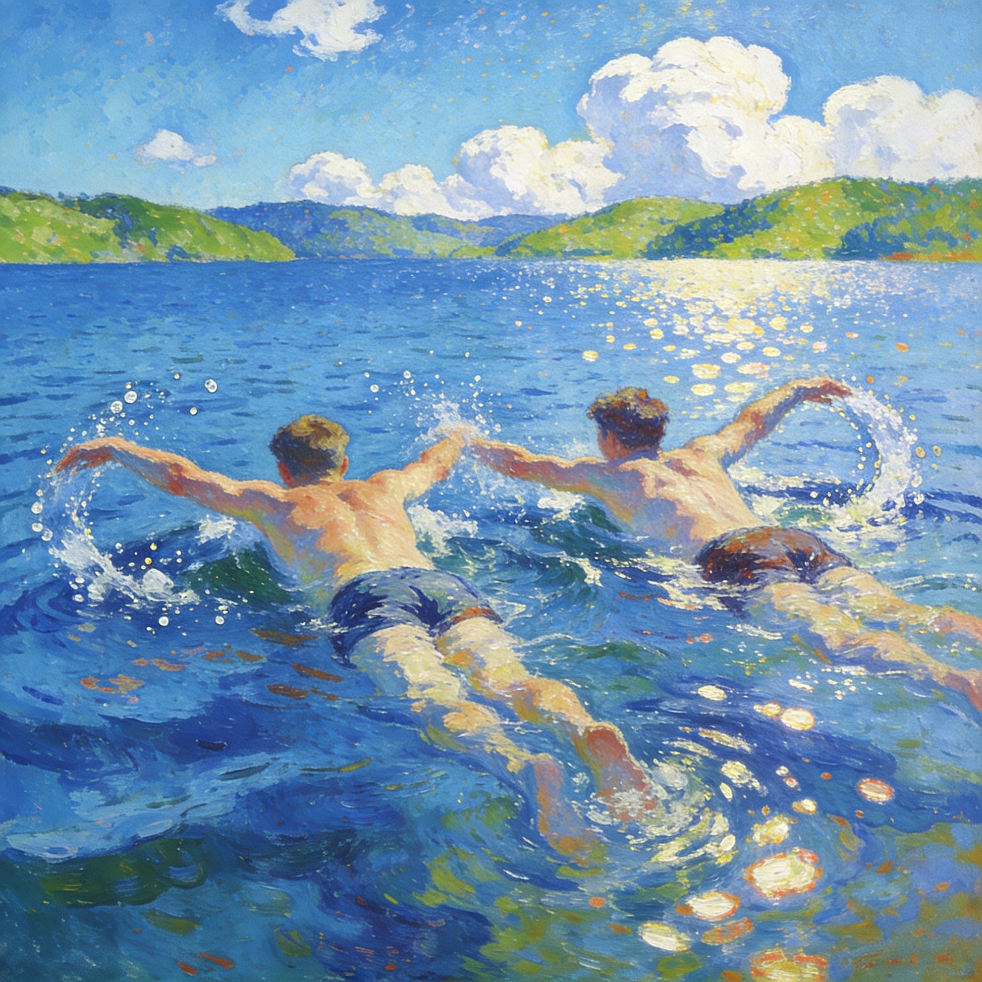 Zwei junge Männer schwimmen im blauen See, August Macke Stil, Expressionismus, leuchtende Farben, Sommer, Wandbild