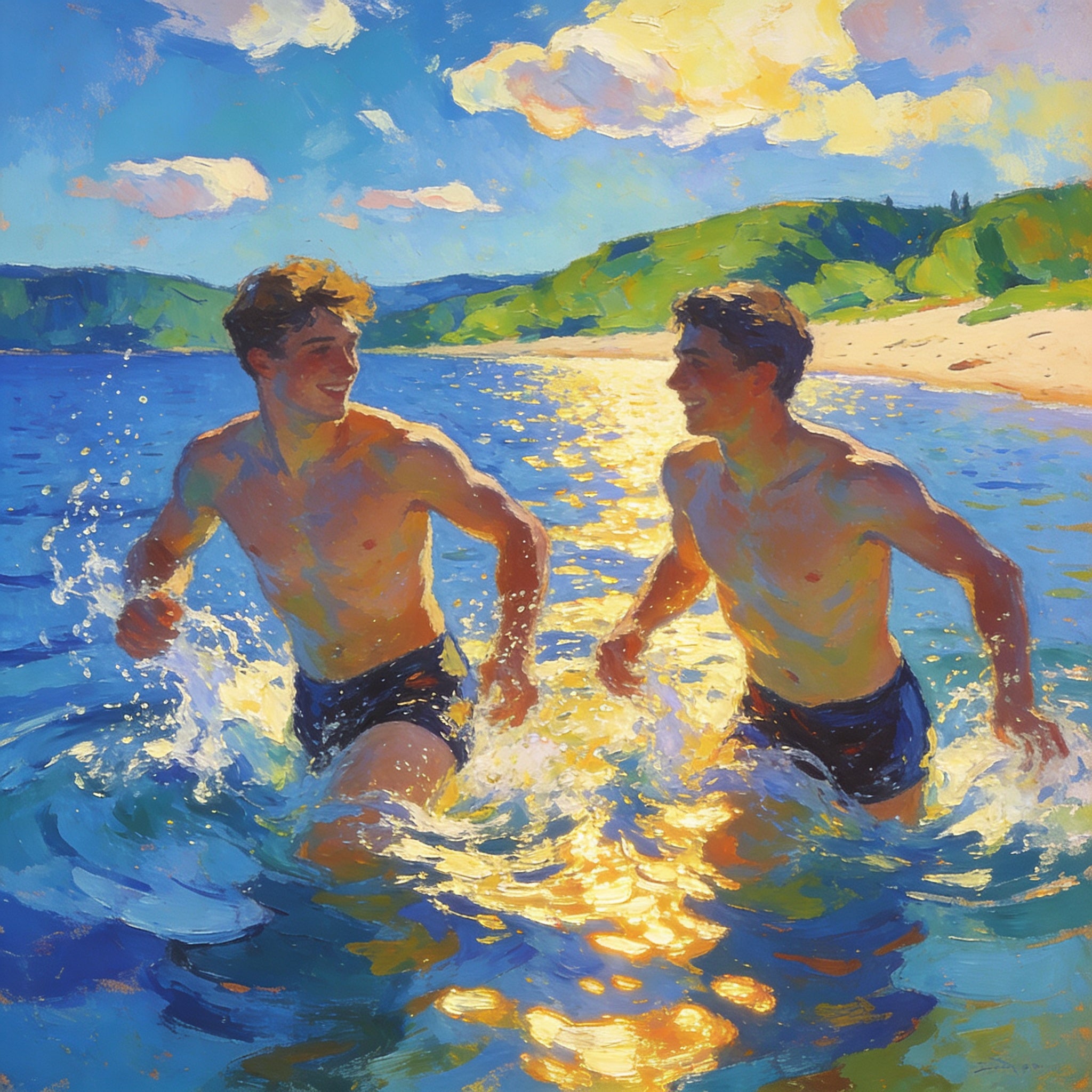 Zwei Boys laufen ins Wasser, lachen, Sonnenlicht glitzert, August Macke Stil, Lebensfreude