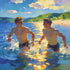Zwei Boys laufen ins Wasser, lachen, Sonnenlicht glitzert, August Macke Stil, Lebensfreude