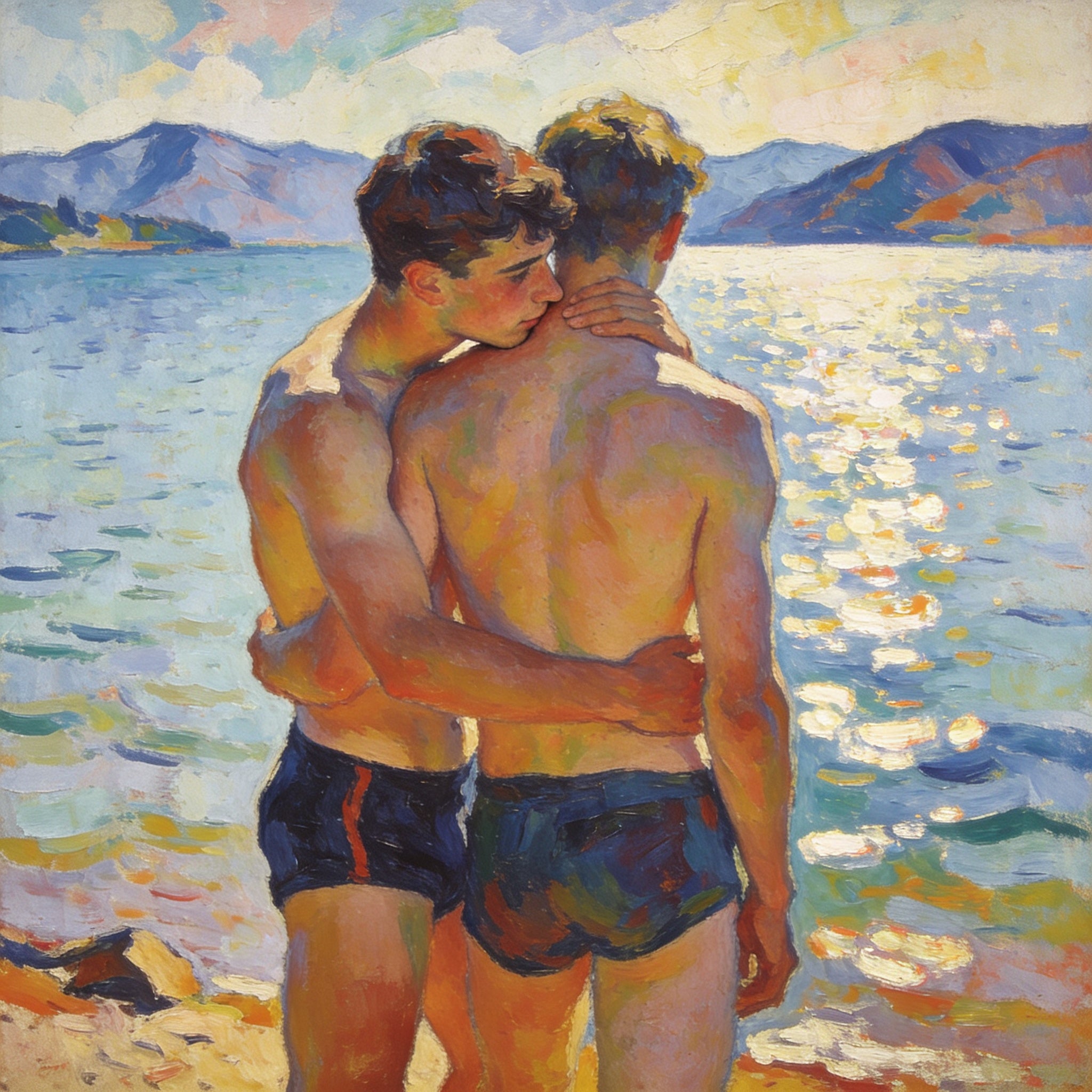 Zwei Jungs am See, innige Umarmung – Gay Art im August Macke Stil
