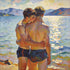 Zwei Jungs am See, innige Umarmung – Gay Art im August Macke Stil
