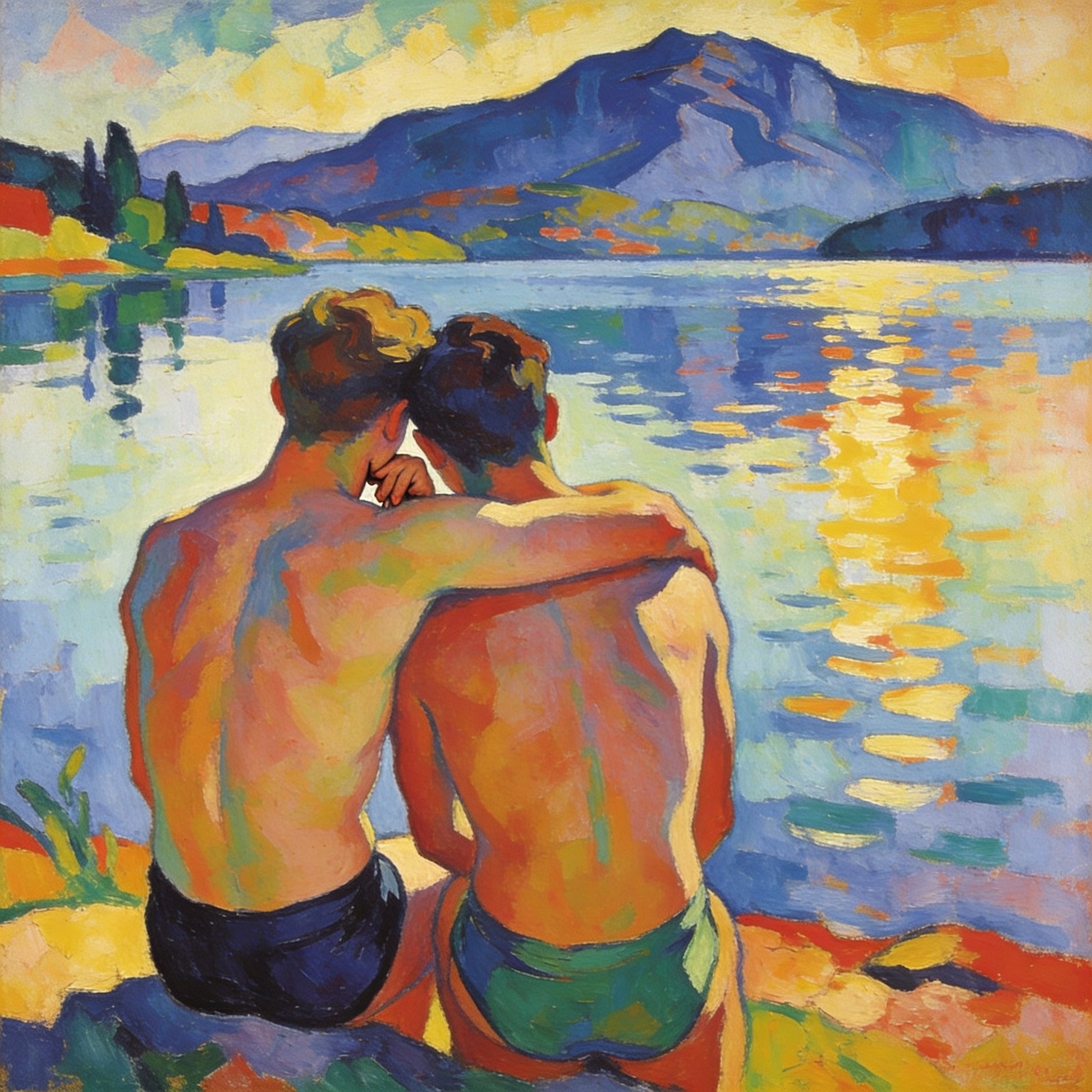 Zwei Jungs sitzen am See, Arm um Schulter – Gemeinsam am See im Macke-Stil

