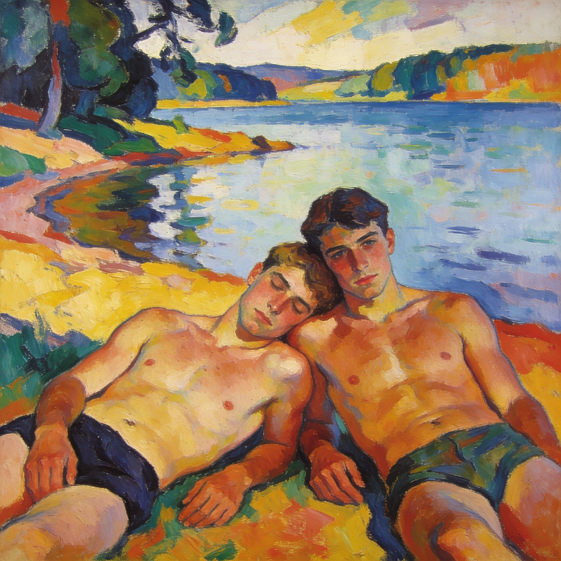 Zwei Männer am Seeufer, Kopf an Schulter, expressionistische Farben im Stil von August Macke. Ruhige Intimität und Verbundenheit