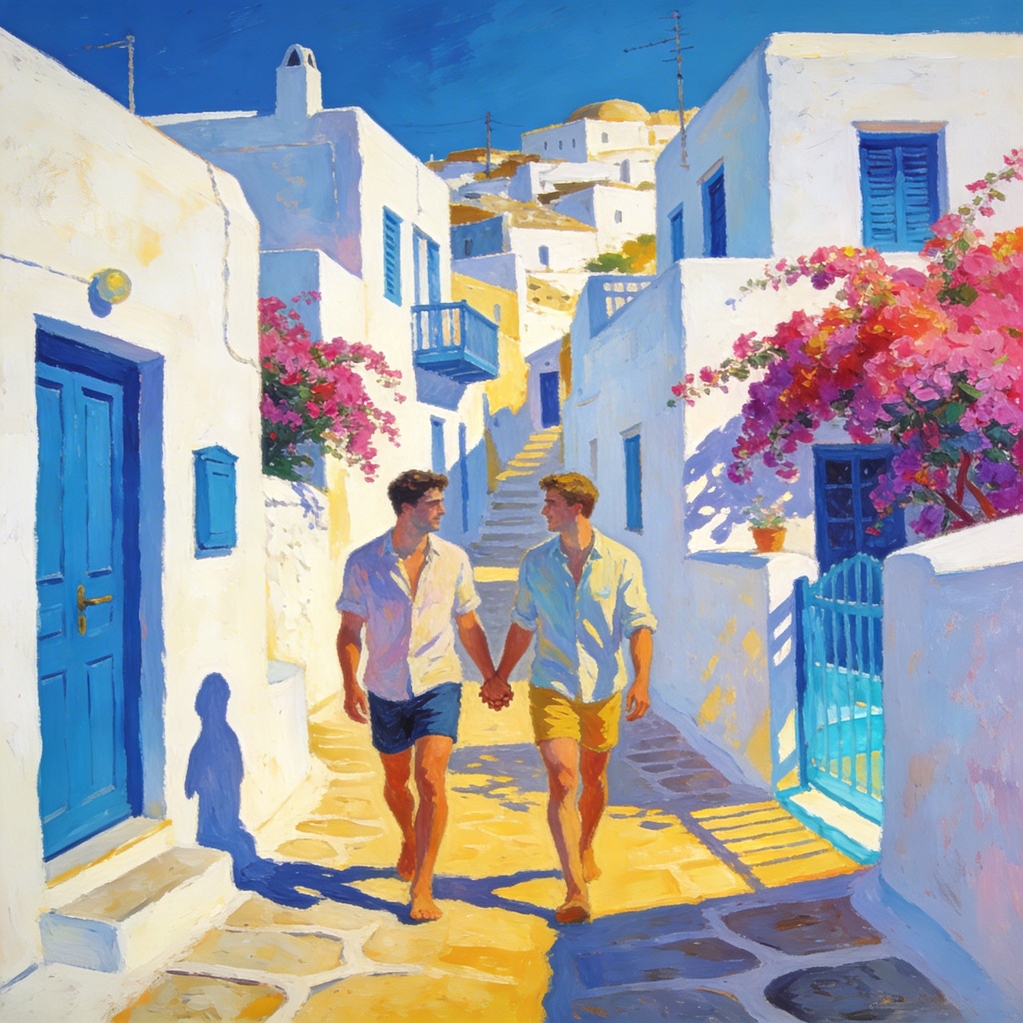 Zwei junge Männer Hand in Hand durch die weißen Gassen von Mykonos im Hockney-Stil – Gay Love Wandbild mit Bougainvillea und Ägäis-Blau
