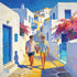 Zwei junge Männer Hand in Hand durch die weißen Gassen von Mykonos im Hockney-Stil – Gay Love Wandbild mit Bougainvillea und Ägäis-Blau

