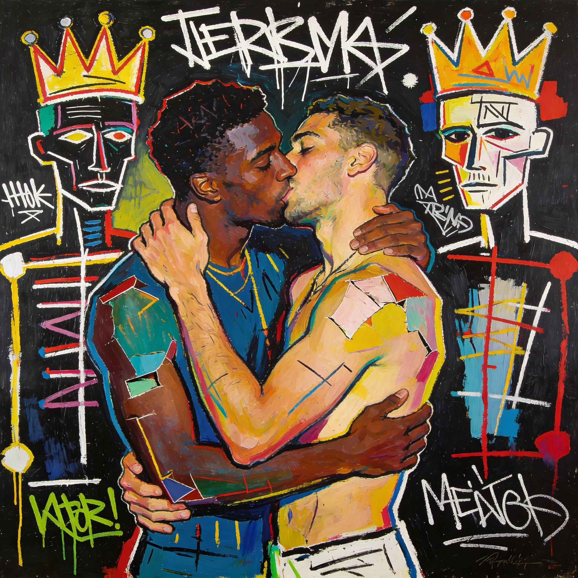 Zwei Männer küssen sich mit Kronen und VIERBYAS Graffiti - Basquiat-inspirierte Gay Love Street Art - Canvas Wandbild