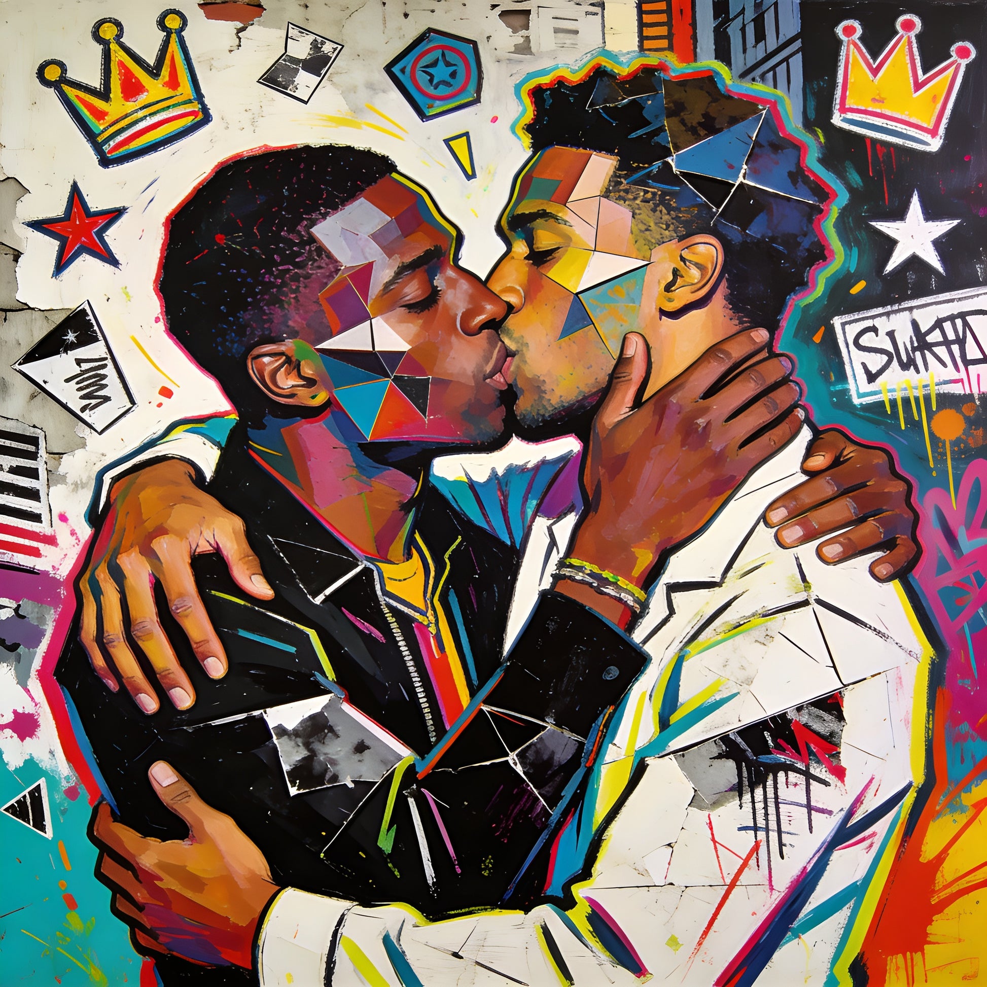 Zwei Männer küssen sich - New York Pop Art Street Art Gay Love 1980er Jahre - Wandbild Keilrahmen

