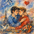 Zwei Männer schweben verliebt über Paris – Chagall-Stil Aquarell mit Engeln, Herz und Eiffelturm – Gay Wandbild
